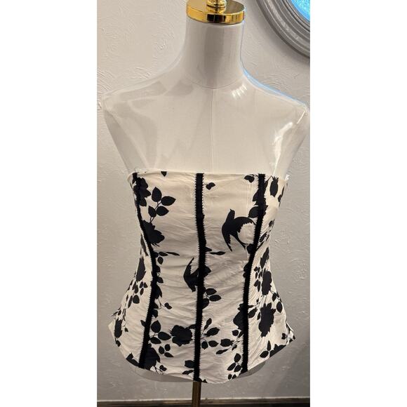 White House Black Market Tops - White House Black Market Silk Bustier Top Black/Ivory Strapless Floral Size 6